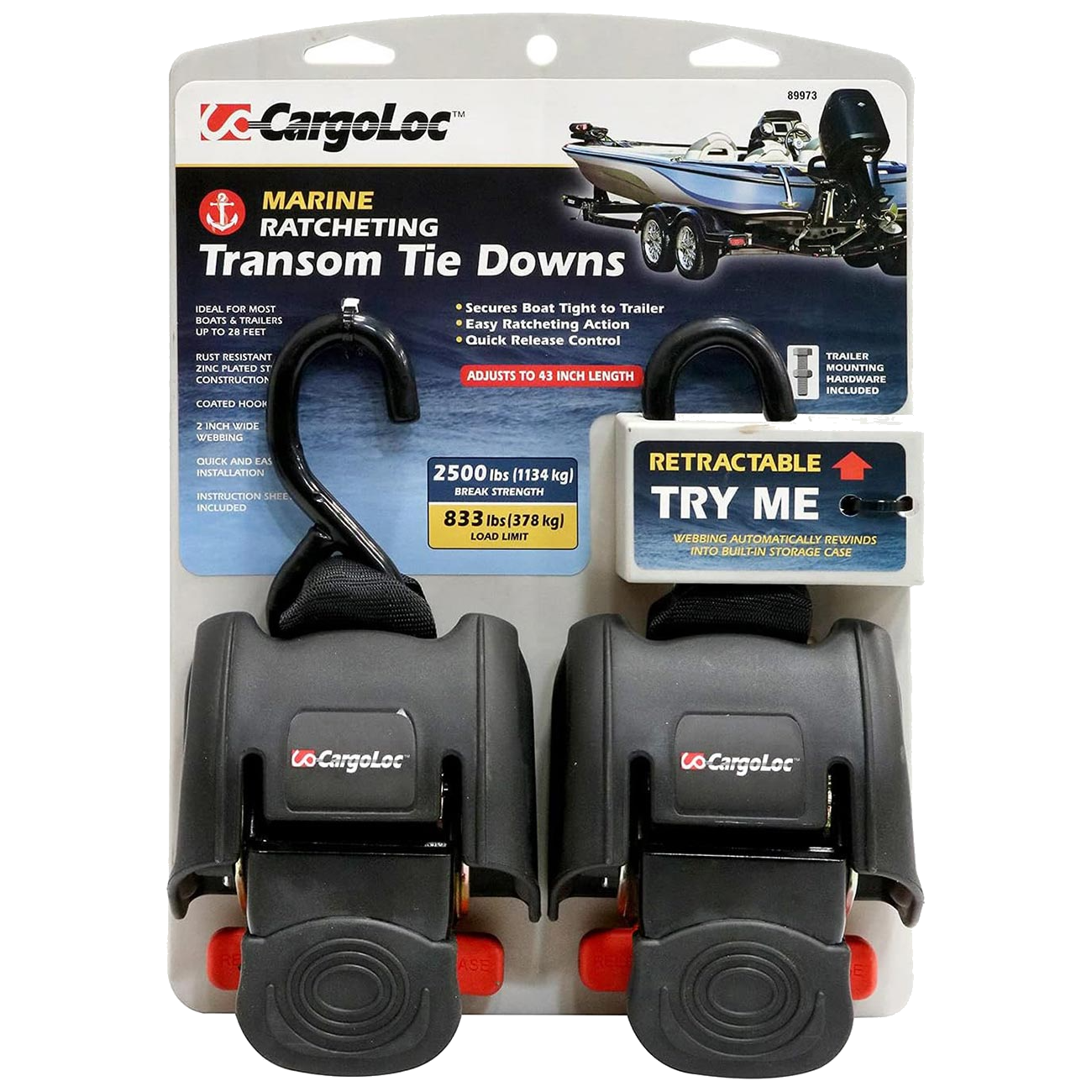 cut-11602 CargoLoc Ratcheting Tie Down - Strap 2" x 43" x 2500lbs Transom (Pair) - Image 1
