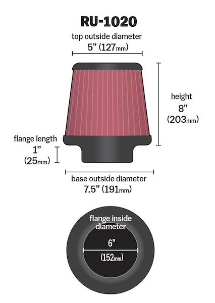 K&N Universal Clamp-On Air Filter RU1020